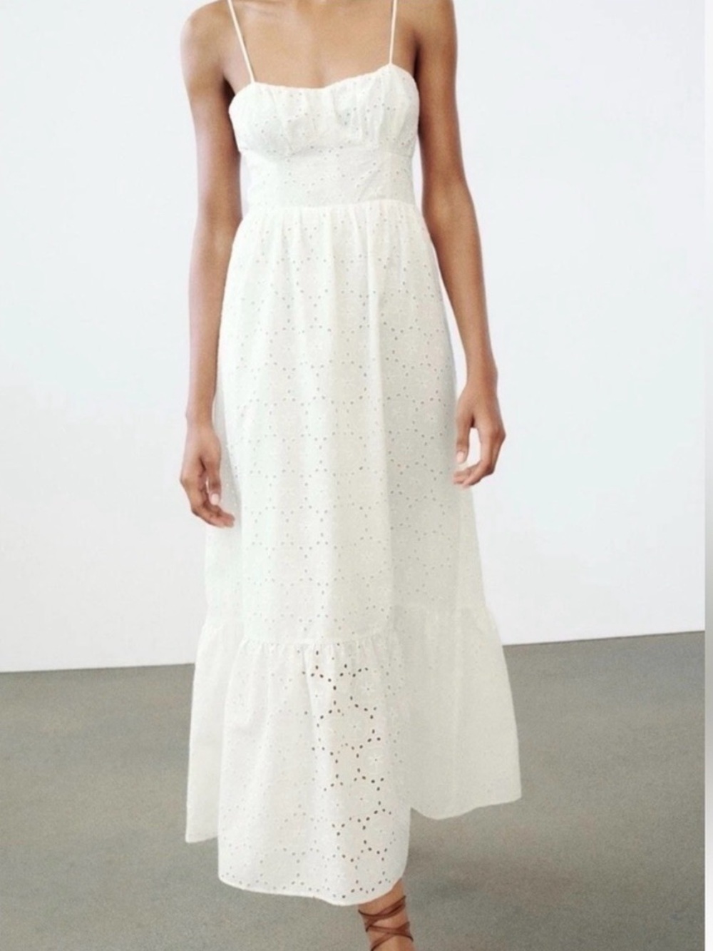 Zara White Eyelet Midi Dress with Tie Back